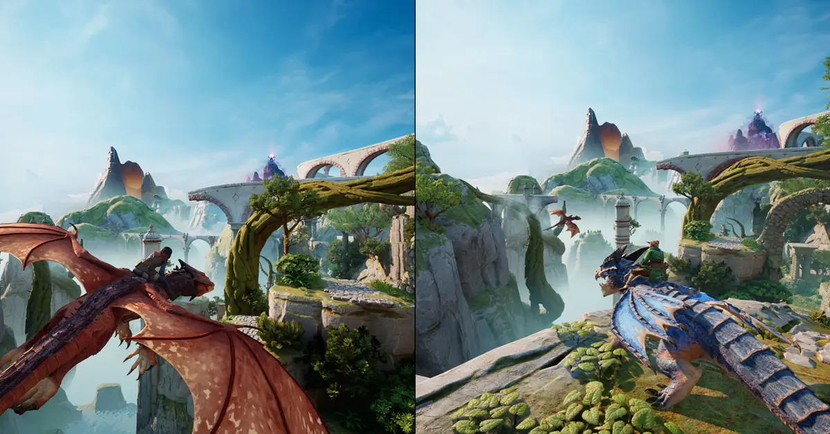 Mio und Zoe navigieren durch die Mechanik des Splitscreens in einem lebendigen Fantasy-Weltdesign