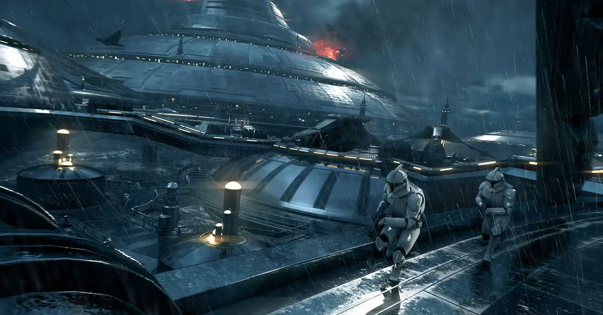 Eine Detailansicht eines Klonkriegers, der sich durch die regennasse Multiplayer-Karte von Kamino bewegt.
