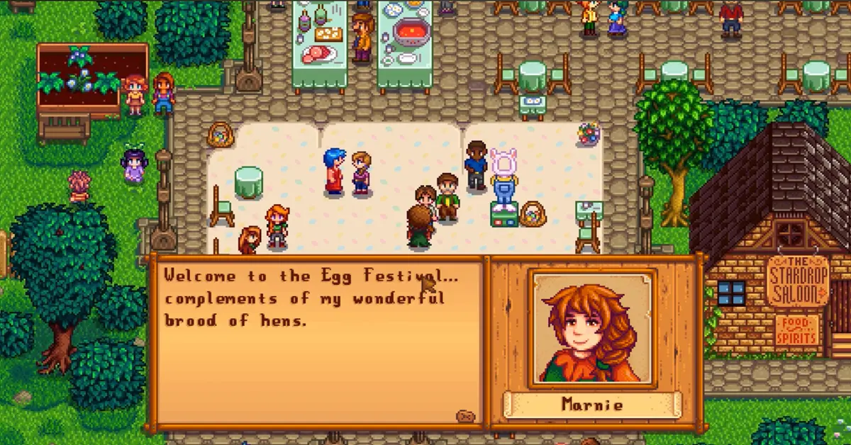 Lebhafte Frühlingszeit in Pelikan-Stadt während des Eierfests von Stardew Valley