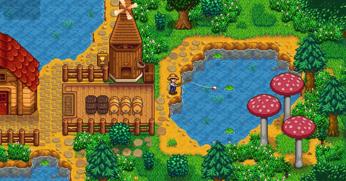 Ein Spielercharakter, der im Frühling in Stardew Valley am Bergsee angelt.