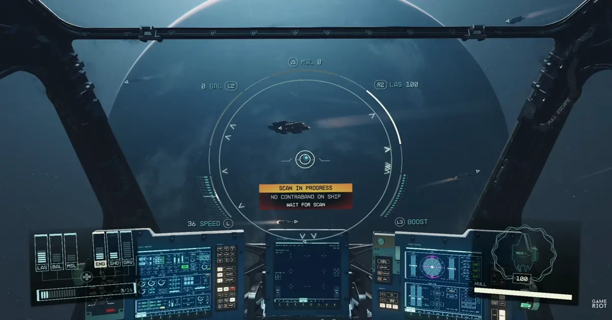 Starfield PS5-Gameplay zeigt ein benutzerdefiniertes Raumschiff in der Umlaufbahn eines leuchtenden Ringplaneten.