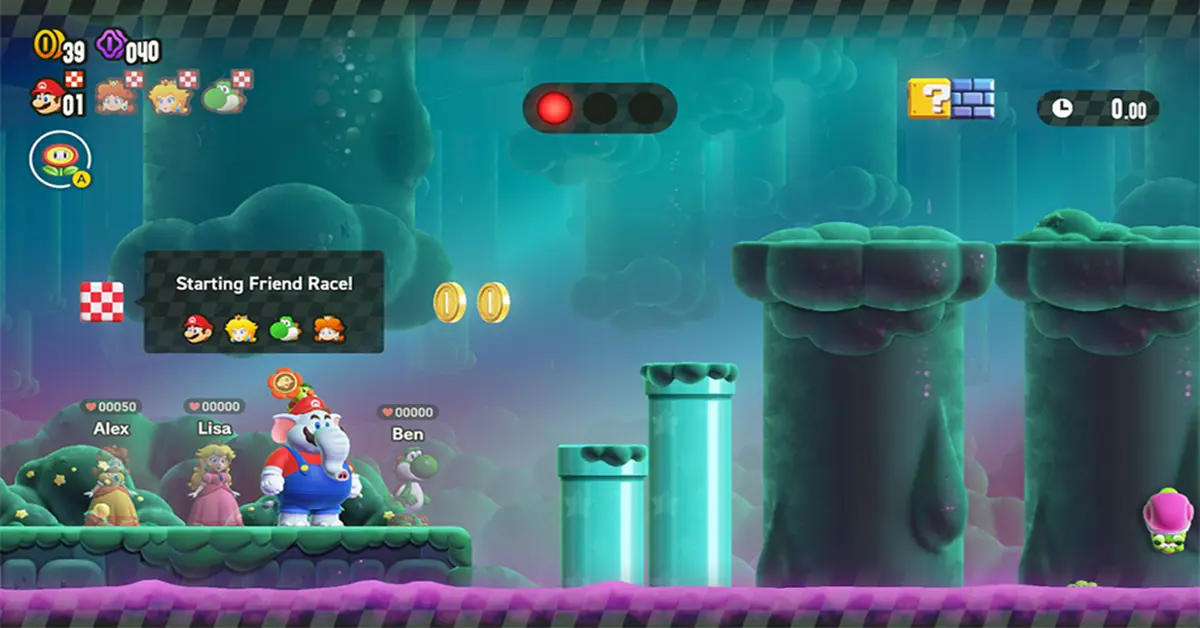 Mario in seiner Elefantenform springt durch ein farbenfrohes Level in Super Mario Bros Wonder