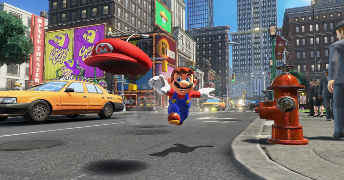 Mario springt durch die Luft und wirft Cappy auf ein gelbes Taxi im belebten Cityland.