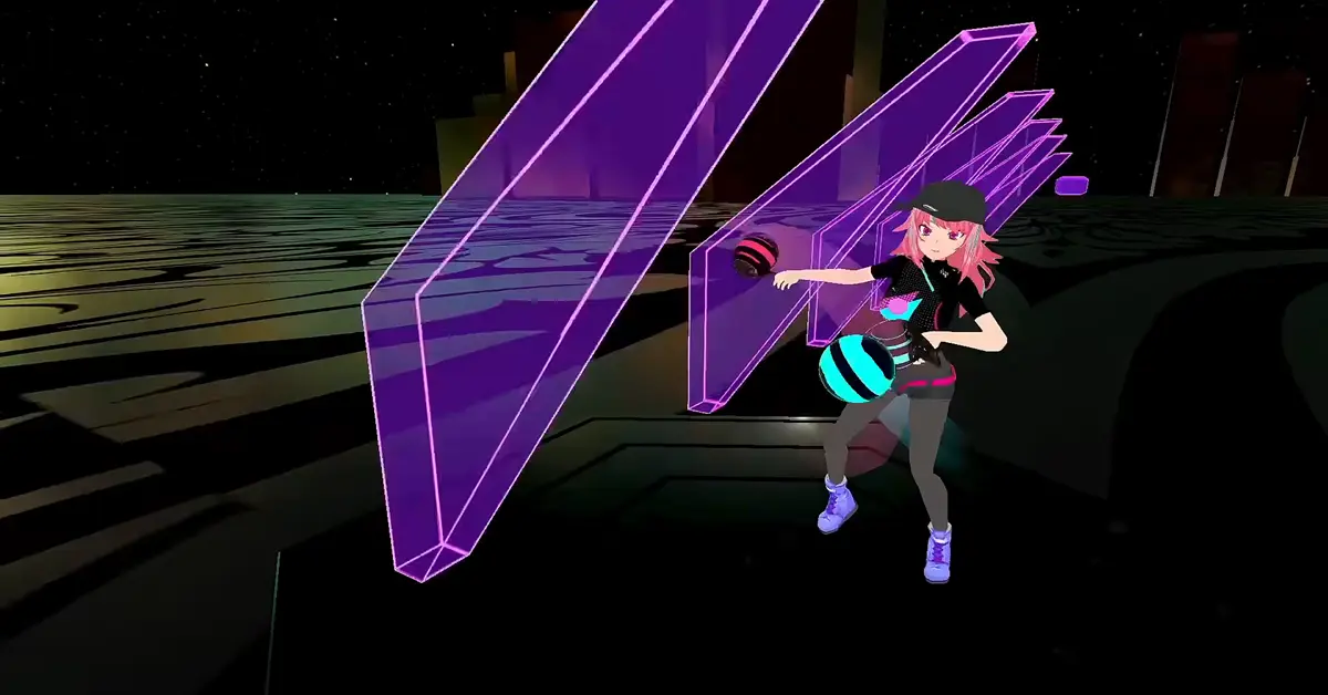 Eine Third-Person-Perspektive, die zeigt, wie ein VR-Spieler physisch in die Hocke geht, um einem Hindernis in Synth Riders auszuweichen.
