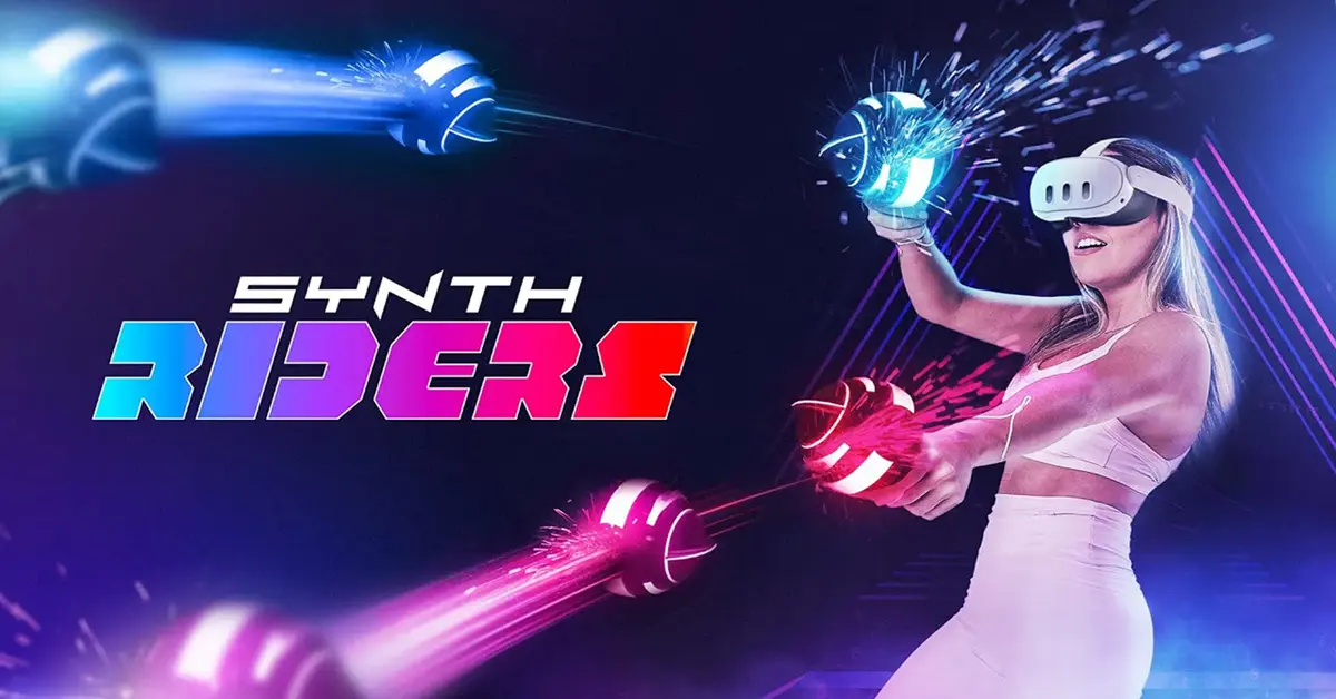 Ein Spieler mit VR-Headset, der in der Cyberpunk-Umgebung von Synth Riders leuchtende Neon-Kugeln trifft.