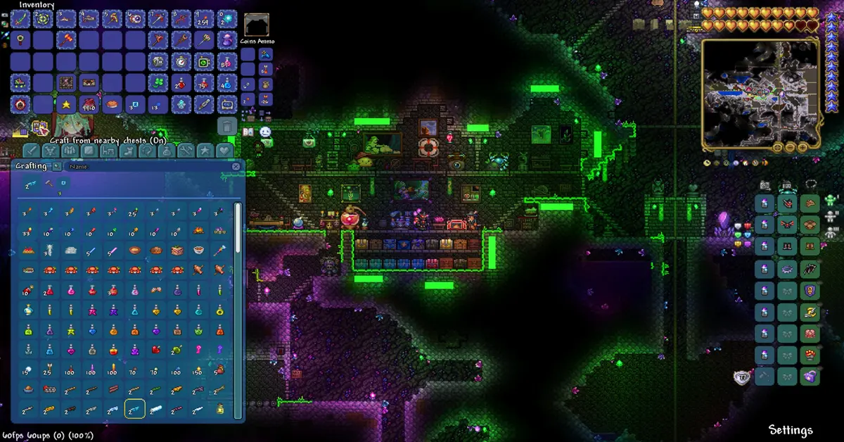 Screenshot der neuen tabellarischen Crafting-Oberfläche und Inventarverwaltung in Terraria 1.4.5