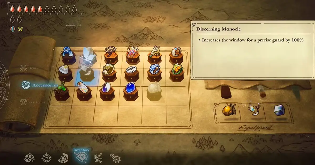 In-Game-Screenshot, der den Inventarbildschirm und die Zubehörplätze in The Adventures of Elliot zeigt