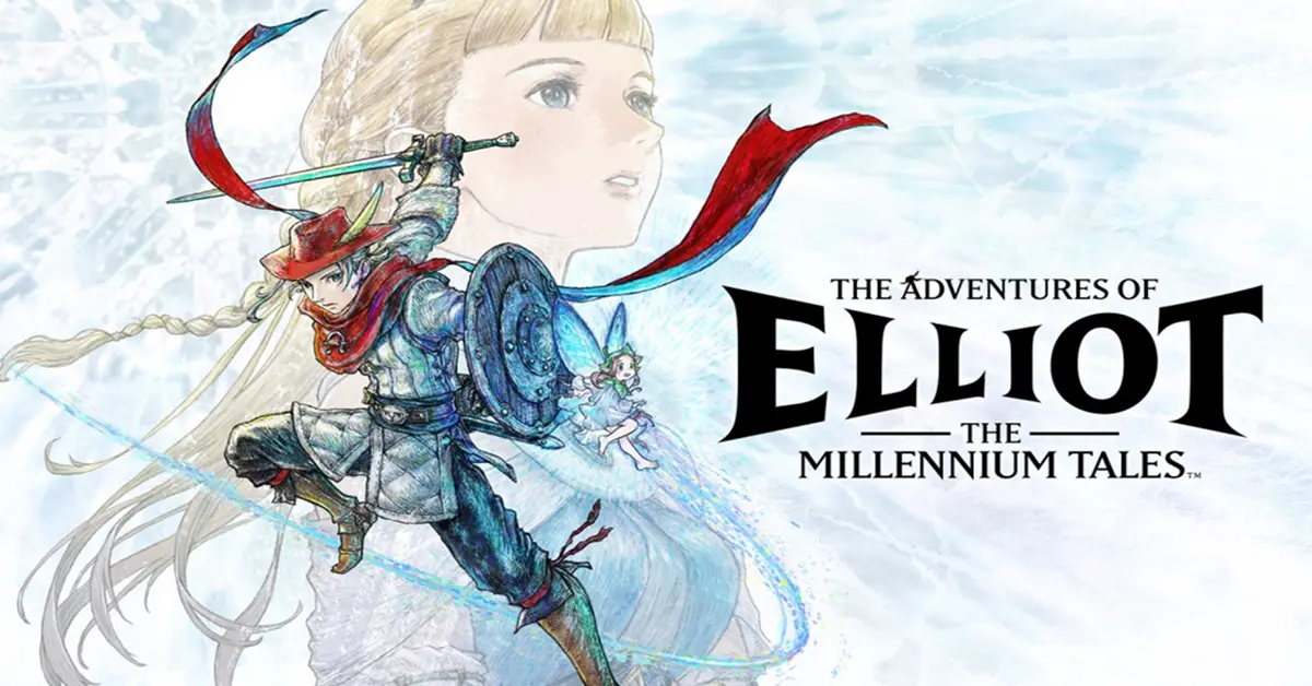 Werbegrafik für The Adventures of Elliot The Millennium Tales, die die Hauptbesetzung zeigt