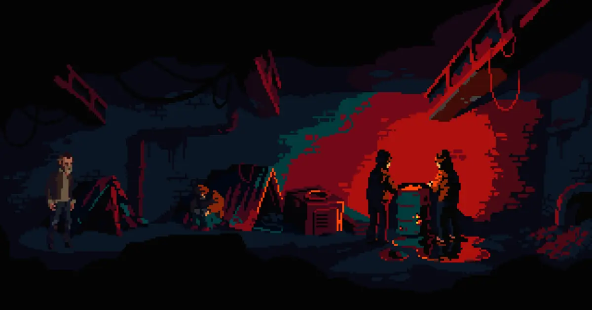 The Drifter nutzt tiefe Schatten und düstere Pixelkunst, um seine Neo-Noir-Pulp-Thriller-Ästhetik zu etablieren.