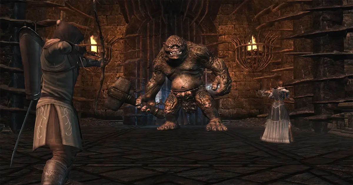 Screenshot taktischer 3-Spieler-Kämpfe in The Lord of the Rings: War in the North - Legacy Edition.