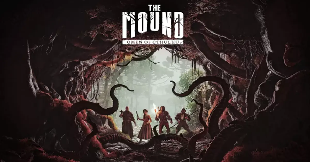 Vier Spieler in Ausrüstung des 16. Jahrhunderts stehen einem Lovecraft-Monster im Dschungel in The Mound: Omen of Cthulhu gegenüber