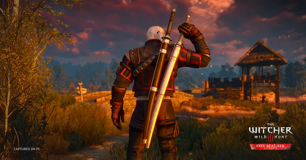 Geralt von Riva steht vor einer Sonnenuntergangskulisse in The Witcher 3: Wild Hunt.