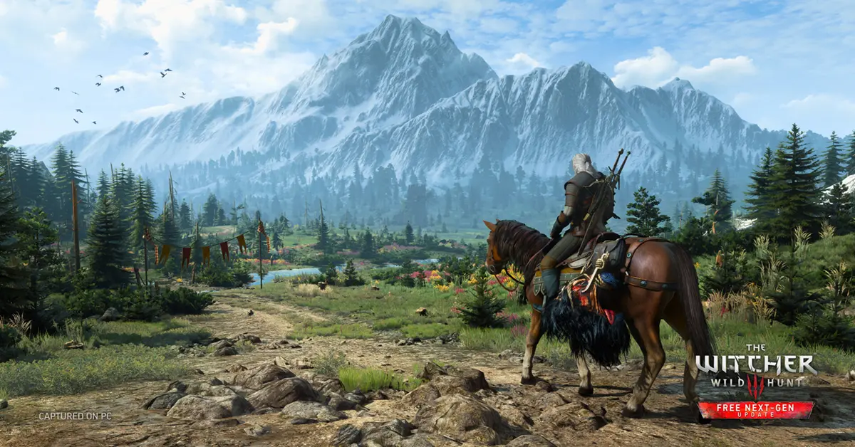 Geralt von Riva blickt über die üppige, Raytracing-optimierte Landschaft von Velen in The Witcher 3 Next-Gen