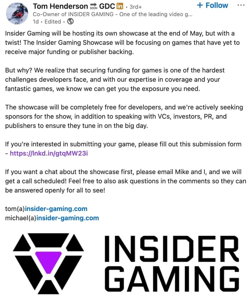 Insider Gaming Showcase Signup