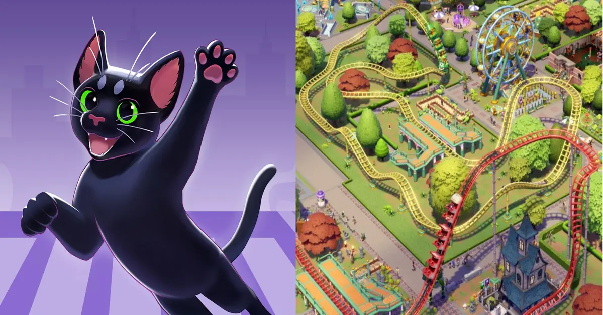 Geteilte Ansicht der kostenlosen Little Kitty Ausstellung neben einer gewaltigen Achterbahn aus dem Bezahl-DLC.