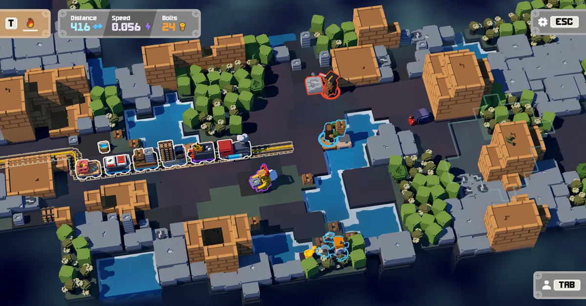 Koop-Gameplay-Screenshot von Unrailed 2 Back on Track, der Charaktere zeigt, die eine Brücke über einen Fluss bauen