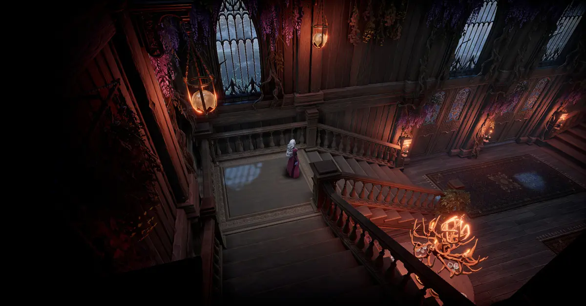 Ein von einem Spieler entworfenes, mehrstöckiges Vampirschloss in V Rising.