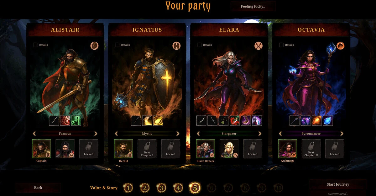 Wählt eure Charaktere, stellt eure Party zusammen und macht sie in eurem Run stark genug, um jeden Gegner wegzuhauen.