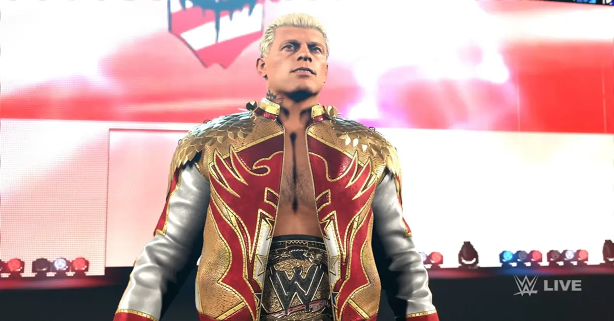 Cody Rhodes im Ring umgeben von Pyrotechnik in WWE 2K26
