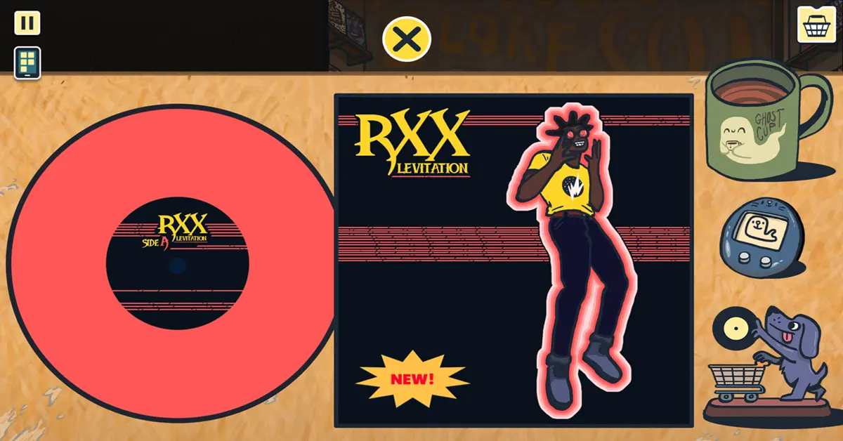 Spieler untersucht die Rückseite einer fiktiven Vinylplatte in Wax Heads, um Hinweise zu finden.