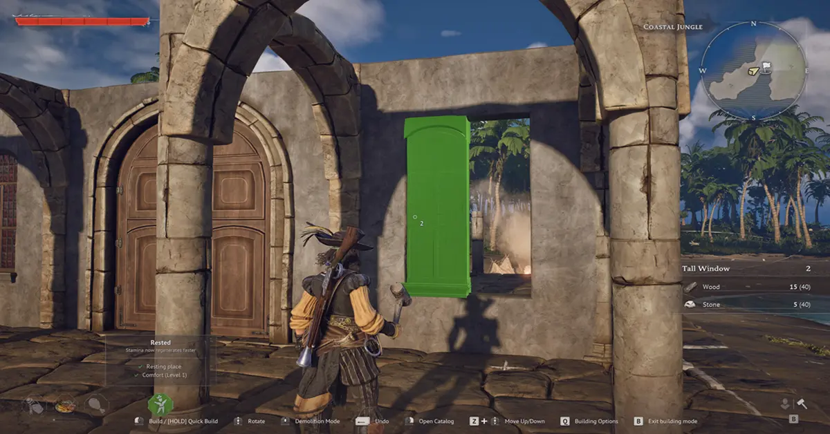 Windrose Base-Building-UI zeigt Spieler beim Bau eines Piratenverstecks.