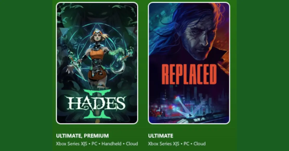 Xbox Game Pass Ultimate-Abonnementkarte mit Charakteren aus Hades II und Replaced.