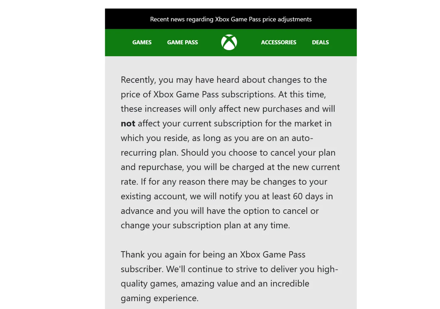 Microsoft email to delay Game Pass Ultimate price increase