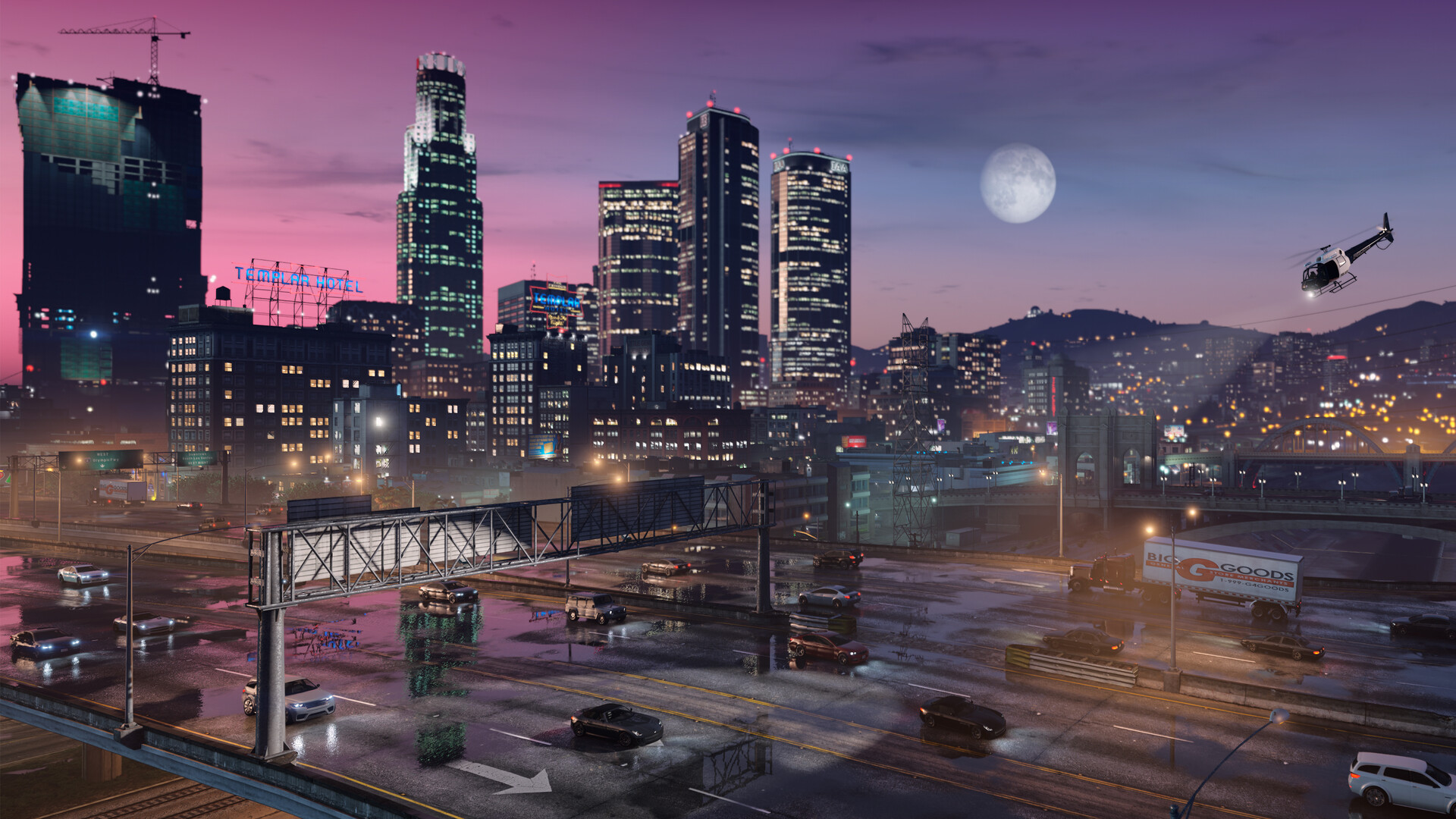 Grand Theft Auto V Enhanced Straßenszene mit Autos und Stadtlichtern