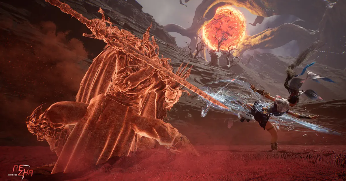 GeniGods: Nezha zeigt den Protagonisten im Kampf gegen eine kolossale Gottheit in einer zerstörten Landschaft