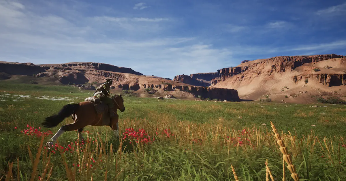Naraa und ihr Pferd galoppieren durch die atemberaubende mongolische Steppe des 13. Jahrhunderts in The Legend of Khiimori