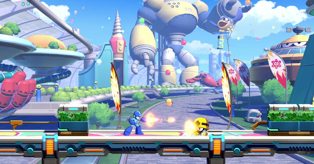 Offizielles Logo von Mega Man Dual Override und Charakter-Art des Blue Bombers