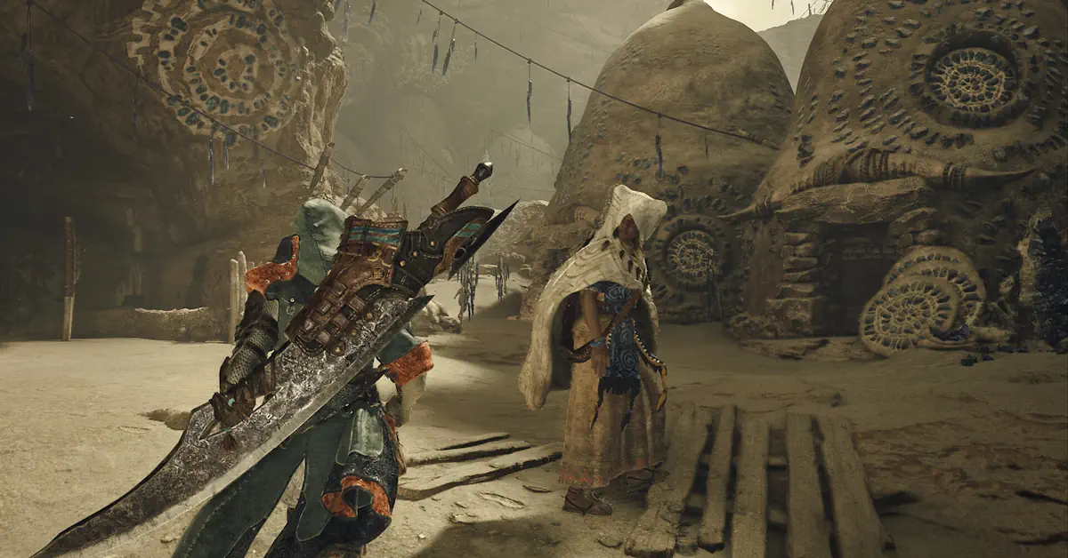 Monster Hunter Wilds Jäger steht einer großen Bestie in einer üppigen Umgebung gegenüber