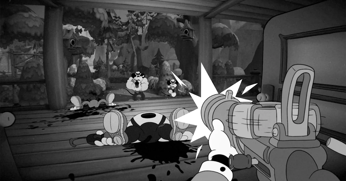 Detektiv Jack Pepper zielt mit seinen Retro-Waffen in der düsteren 1930er-Jahre-Cartoon-Welt von MOUSE: P.I. For Hire