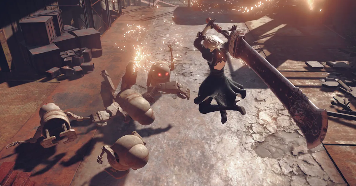 2B steht bereit für den Kampf in NieR: Automata