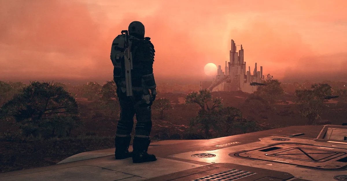 Das Constellation-Schiff Frontier überfliegt einen felsigen Planeten in Starfield