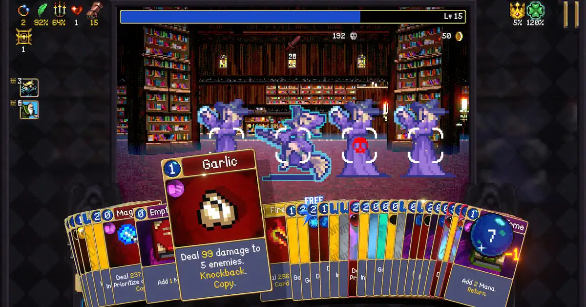 Die pixeligen, chaotischen Kartenkämpfe von Vampire Crawlers füllen den Bildschirm