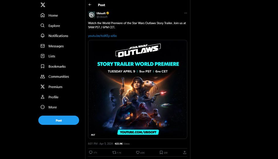 Ankündigung auf Twitter (X) des Story-Trailers für Star Wars Outlaws